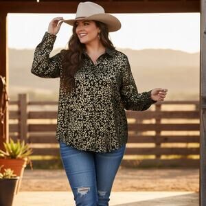 Ranch Dress'n Gold Leopard Performance Rodeo Snap-Front Shirt Women's Plus 3X
